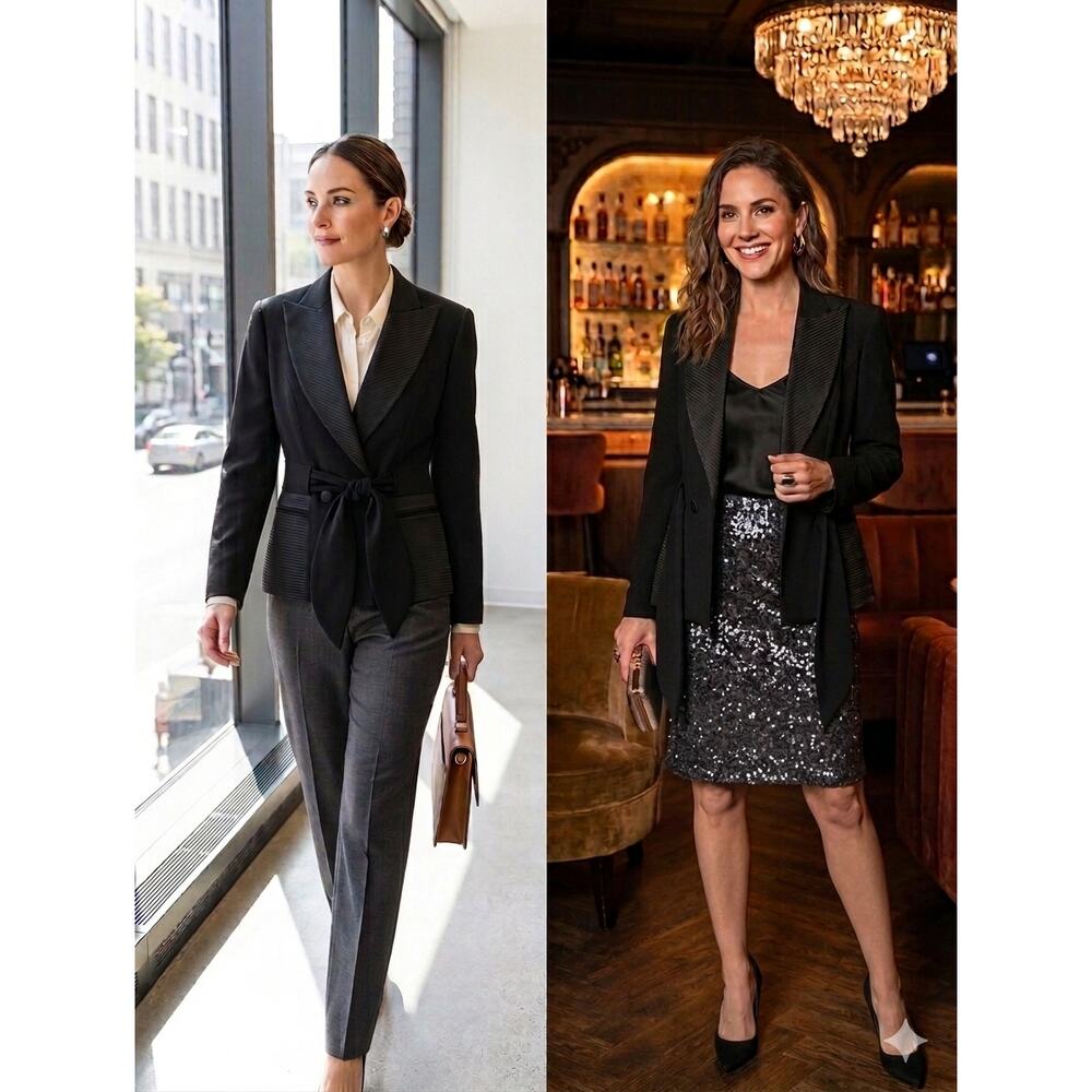 Alberto Makali Black Mixed Texture Tie Waist Draped Blazer Jacket 6 Avant-Garde